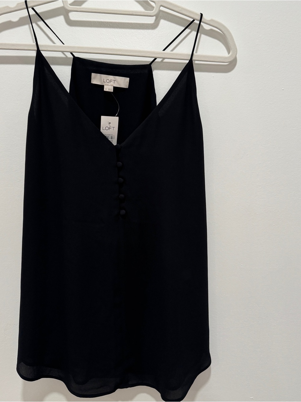 LOFT Black Satin Slip Camisole with Covered Buttons